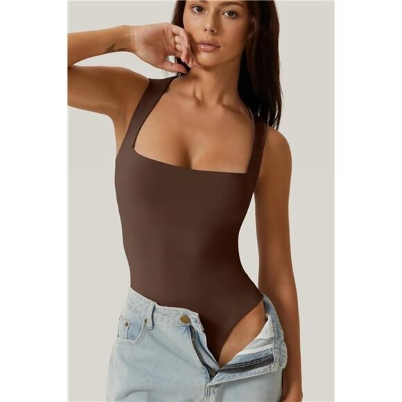 Womens Sexy Square Neck Bodysuit Coffee - Picture 4 of 5